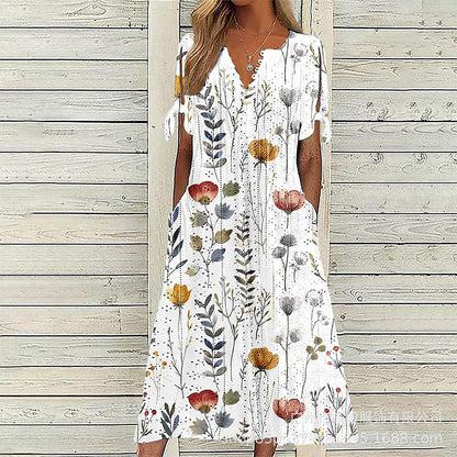 ☀️👗Top Pick - Casual Floral Midi Dress with V-Neck – Soft Drape & Romantic Print