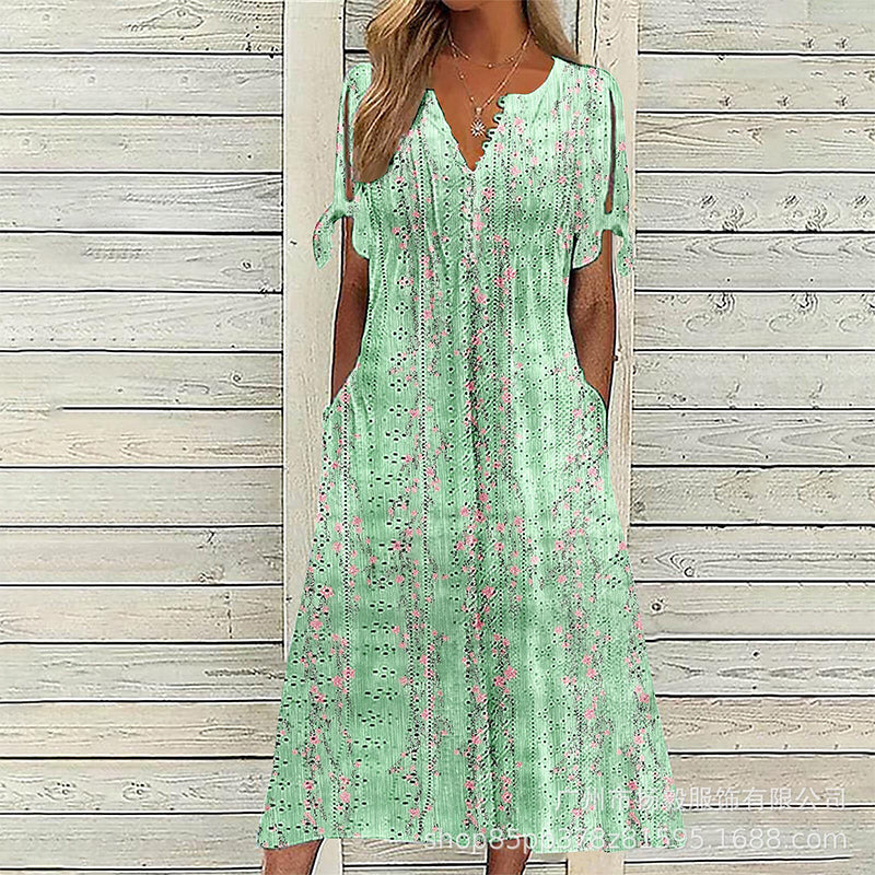 ☀️👗Top Pick - Casual Floral Midi Dress with V-Neck – Soft Drape & Romantic Print
