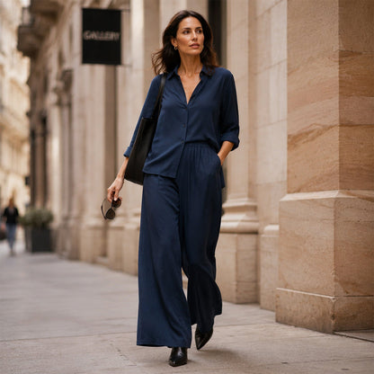 Women's Long Sleeve Shirt & Wide-Leg Pants Set