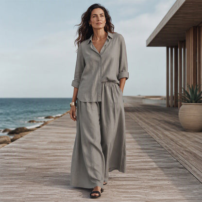 Women's Long Sleeve Shirt & Wide-Leg Pants Set
