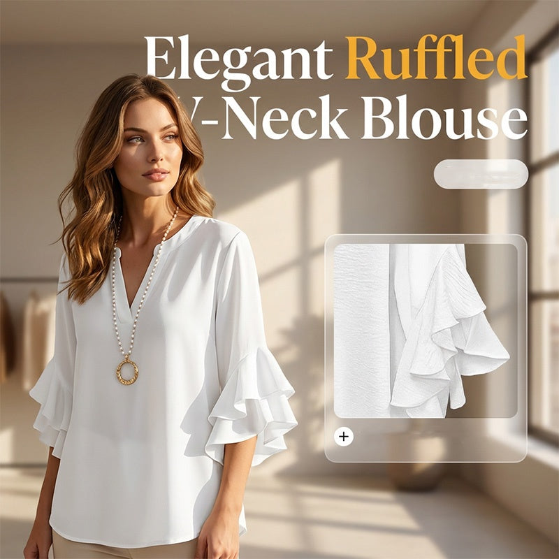 Women's Ruffle Sleeve Notch V-Neck Top