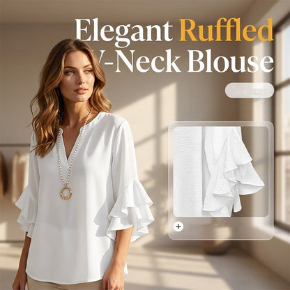 Women's Ruffle Sleeve Notch V-Neck Top