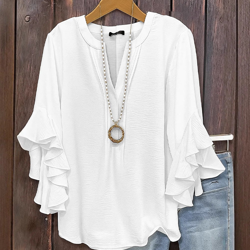 Women's Ruffle Sleeve Notch V-Neck Top