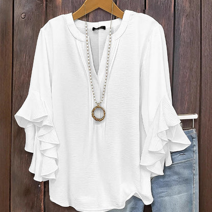 Women's Ruffle Sleeve Notch V-Neck Top
