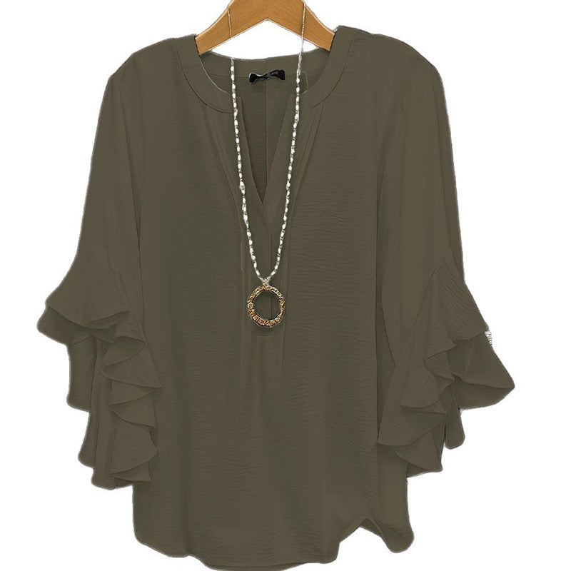 Women's Ruffle Sleeve Notch V-Neck Top