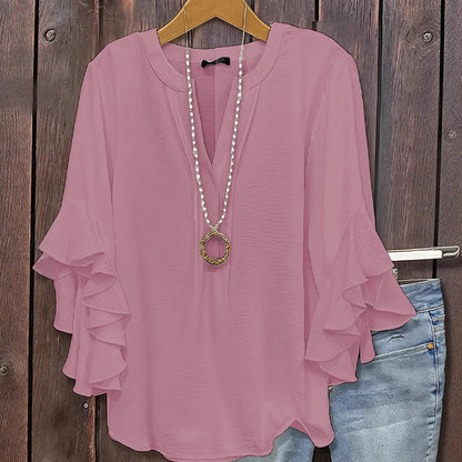 Women's Ruffle Sleeve Notch V-Neck Top