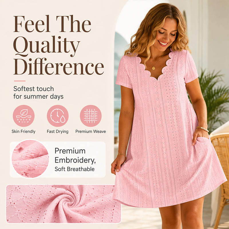 👗Top Pick - V-Neck Eyelet Dress with Scallop Trim – Lightweight & Romantic for Garden Parties or Brunch 🌿