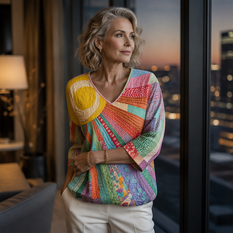 Women's Retro Patchwork V-Neck Blouse