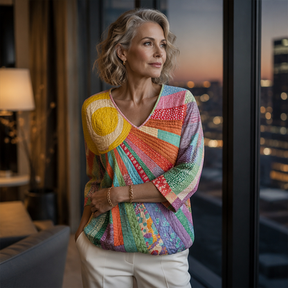 Women's Retro Patchwork V-Neck Blouse