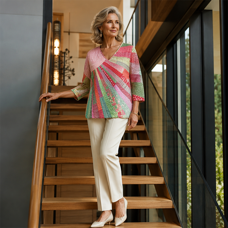 Women's Retro Patchwork V-Neck Blouse