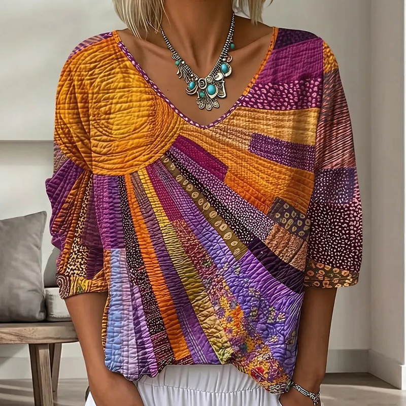 Women's Retro Patchwork V-Neck Blouse