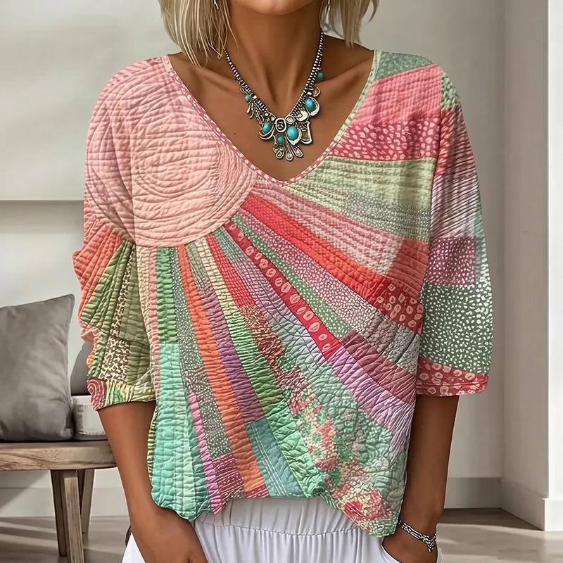 Women's Retro Patchwork V-Neck Blouse