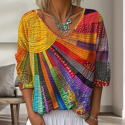 Women's Retro Patchwork V-Neck Blouse