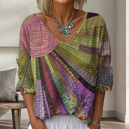 Women's Retro Patchwork V-Neck Blouse