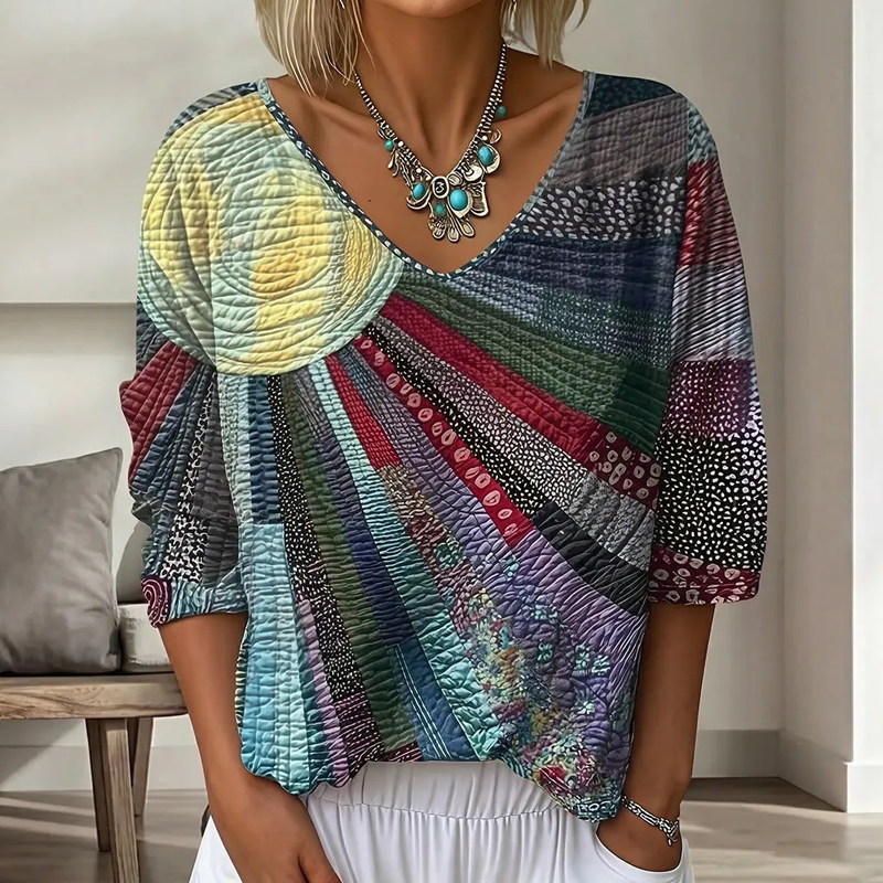 Women's Retro Patchwork V-Neck Blouse