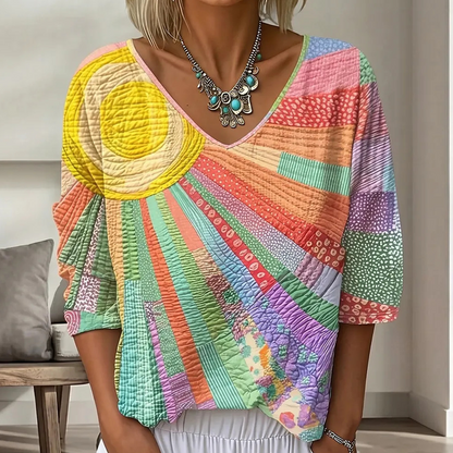 Women's Retro Patchwork V-Neck Blouse