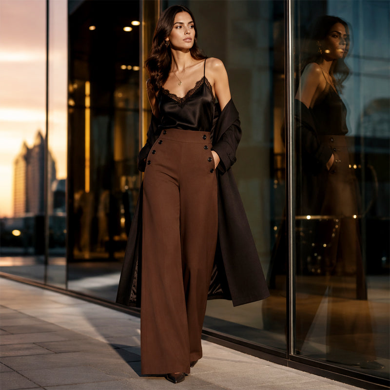 Trending Now⭐👖✨ High-Waisted Wide-Leg Pants with Side Buttons – Flattering Silhouette & Unique Detail for Effortless Style