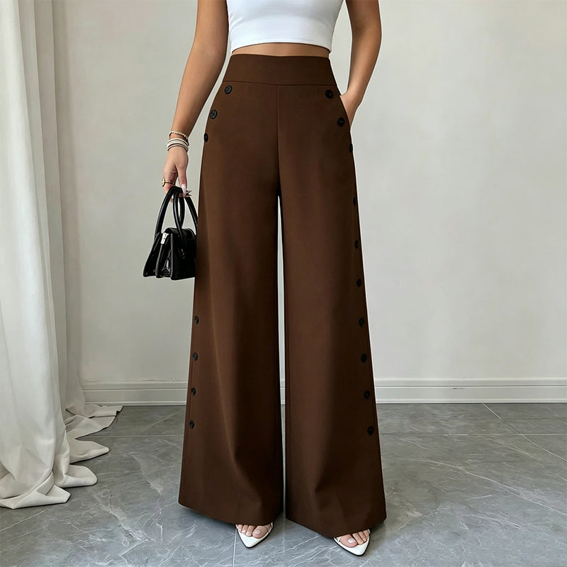 Trending Now⭐👖✨ High-Waisted Wide-Leg Pants with Side Buttons – Flattering Silhouette & Unique Detail for Effortless Style