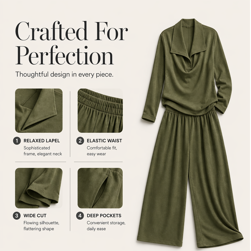 Women's Casual Cowl Neck Top and Wide-Leg Pants Set