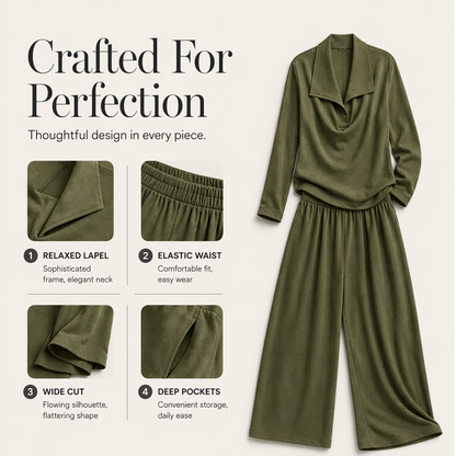Women's Casual Cowl Neck Top and Wide-Leg Pants Set