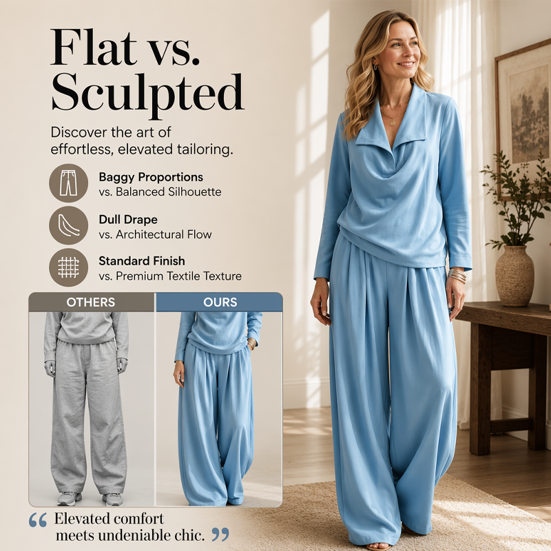 Women's Casual Cowl Neck Top and Wide-Leg Pants Set