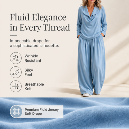 Women's Casual Cowl Neck Top and Wide-Leg Pants Set
