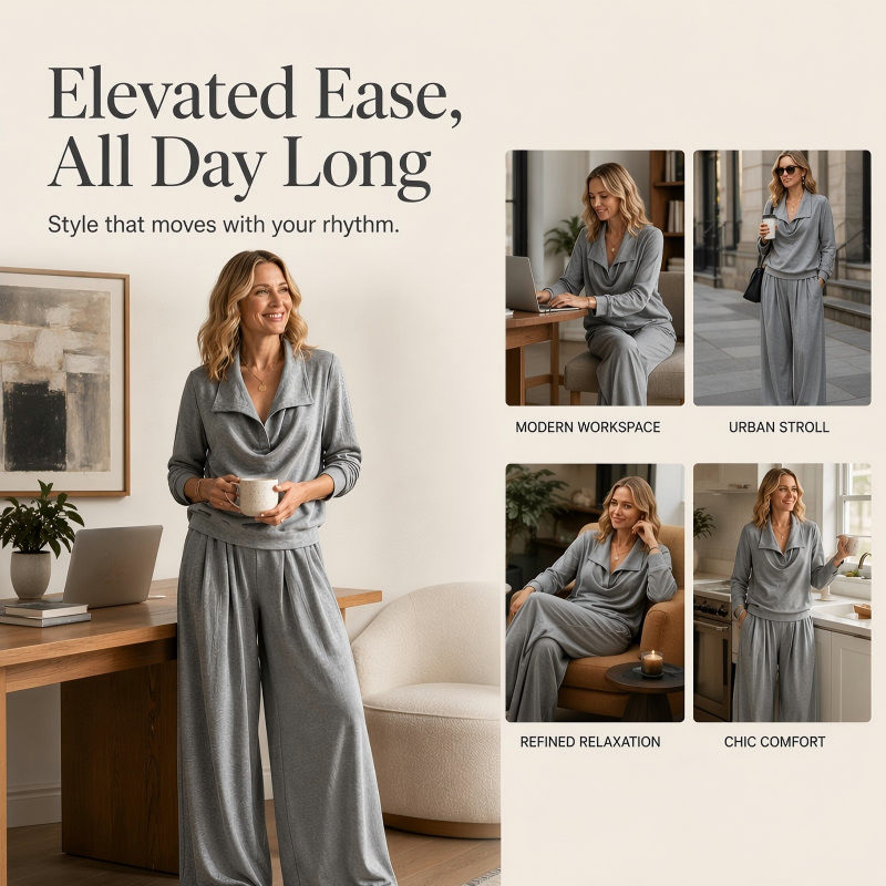 Women's Casual Cowl Neck Top and Wide-Leg Pants Set