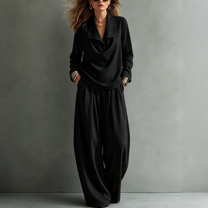 Women's Casual Cowl Neck Top and Wide-Leg Pants Set
