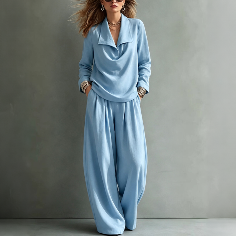 Women's Casual Cowl Neck Top and Wide-Leg Pants Set