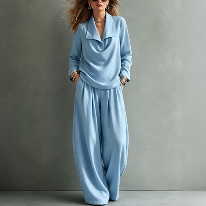 Women's Casual Cowl Neck Top and Wide-Leg Pants Set