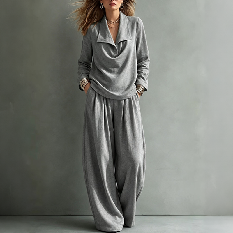Women's Casual Cowl Neck Top and Wide-Leg Pants Set