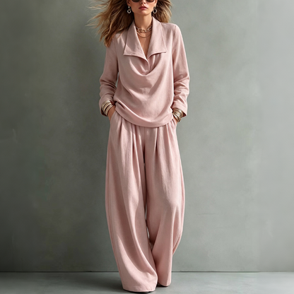 Women's Casual Cowl Neck Top and Wide-Leg Pants Set