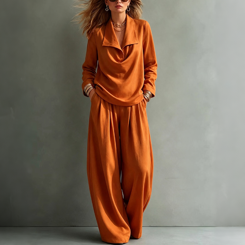 Women's Casual Cowl Neck Top and Wide-Leg Pants Set