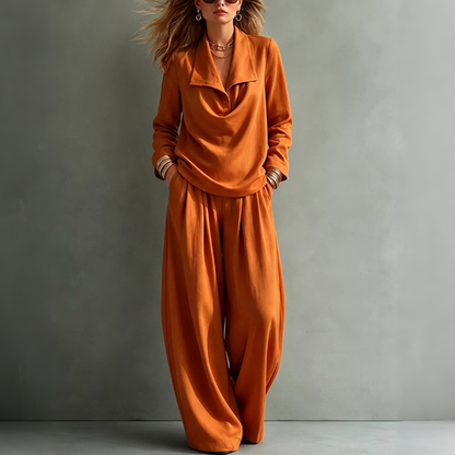 Women's Casual Cowl Neck Top and Wide-Leg Pants Set