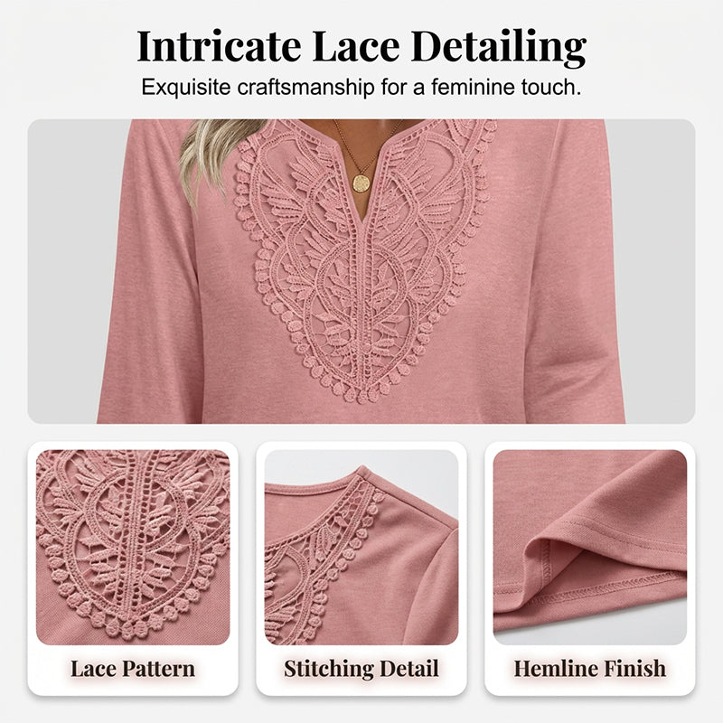 ☀️👚Top Pick - Lace-Trim V-Neck Blouse – Breathable Fabric & Flattering Drape for Work or Weekend 🌿