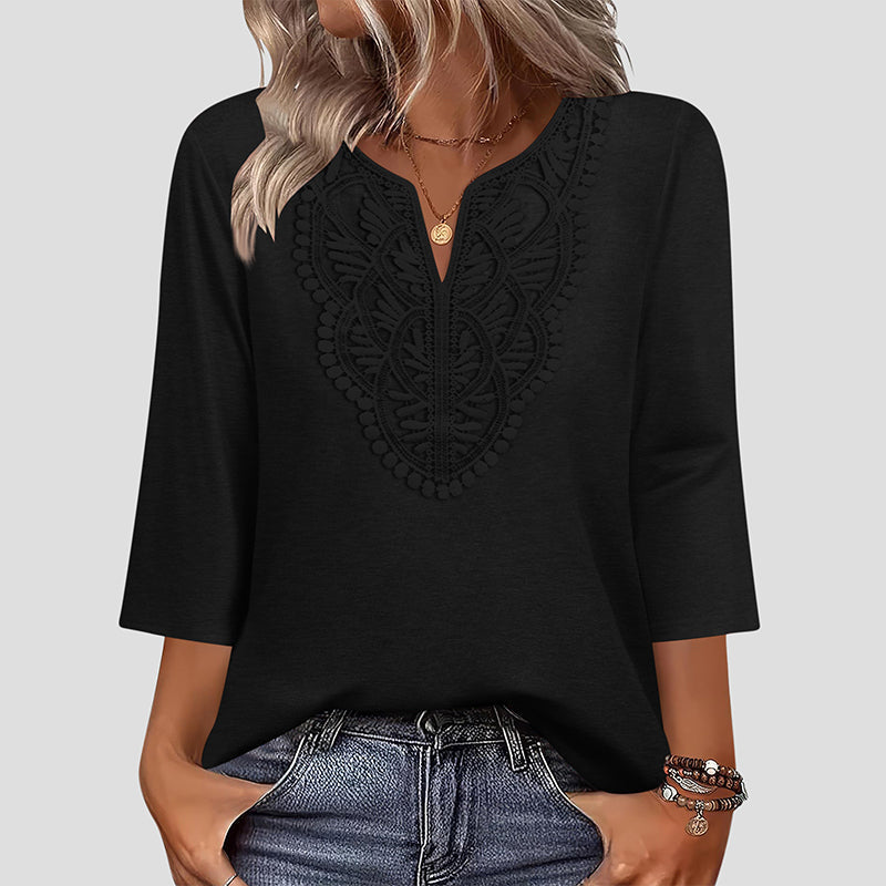 ☀️👚Top Pick - Lace-Trim V-Neck Blouse – Breathable Fabric & Flattering Drape for Work or Weekend 🌿