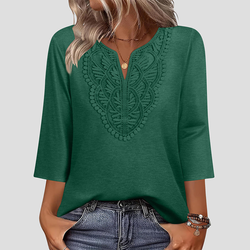 ☀️👚Top Pick - Lace-Trim V-Neck Blouse – Breathable Fabric & Flattering Drape for Work or Weekend 🌿