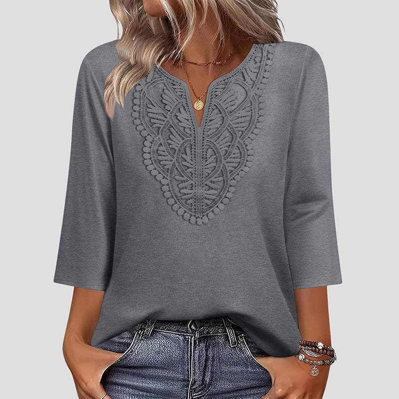 ☀️👚Top Pick - Lace-Trim V-Neck Blouse – Breathable Fabric & Flattering Drape for Work or Weekend 🌿