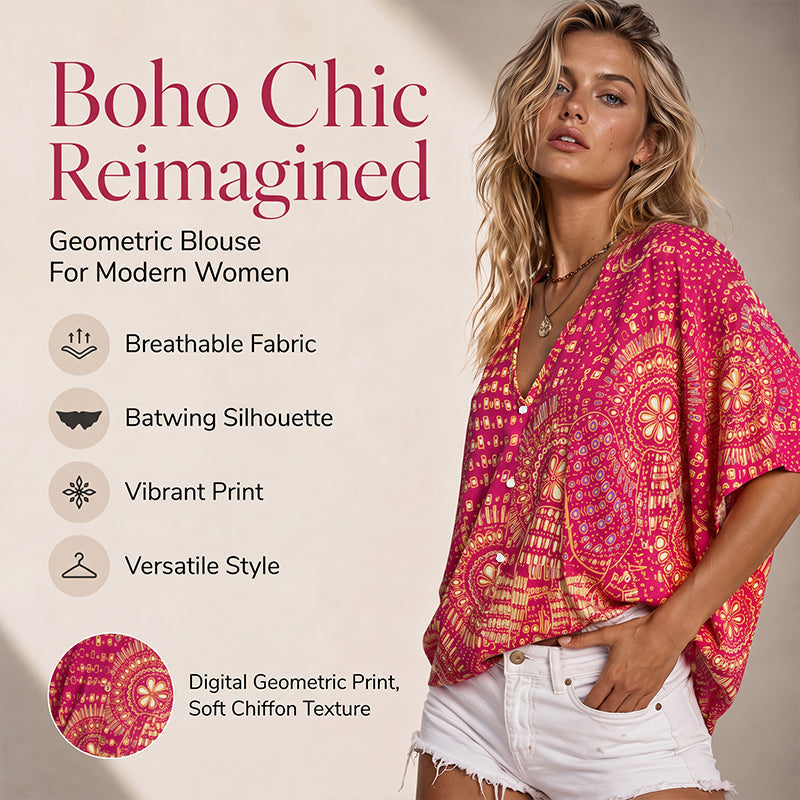 Trending Now⭐👚 Boho Print Batwing Sleeve Top – Flowing V-Neck & Effortless Bohemian Style