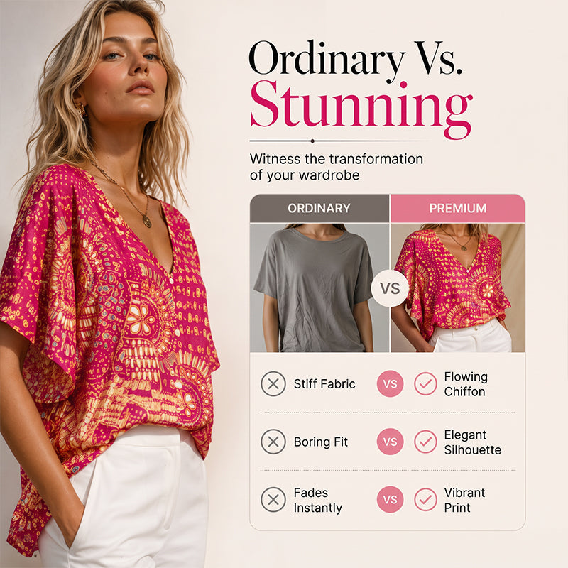 Trending Now⭐👚 Boho Print Batwing Sleeve Top – Flowing V-Neck & Effortless Bohemian Style