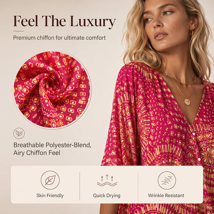 Trending Now⭐👚 Boho Print Batwing Sleeve Top – Flowing V-Neck & Effortless Bohemian Style