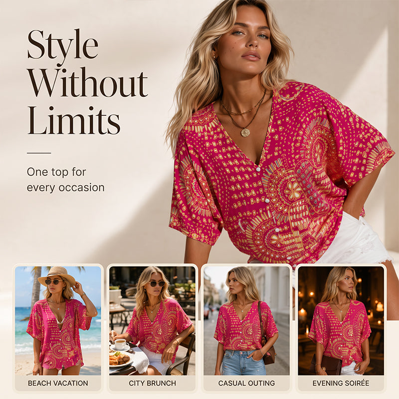 Trending Now⭐👚 Boho Print Batwing Sleeve Top – Flowing V-Neck & Effortless Bohemian Style