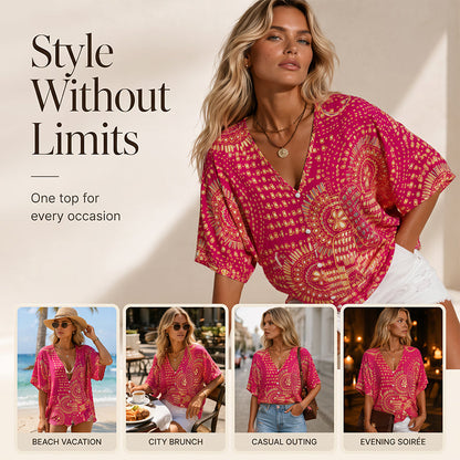 Trending Now⭐👚 Boho Print Batwing Sleeve Top – Flowing V-Neck & Effortless Bohemian Style