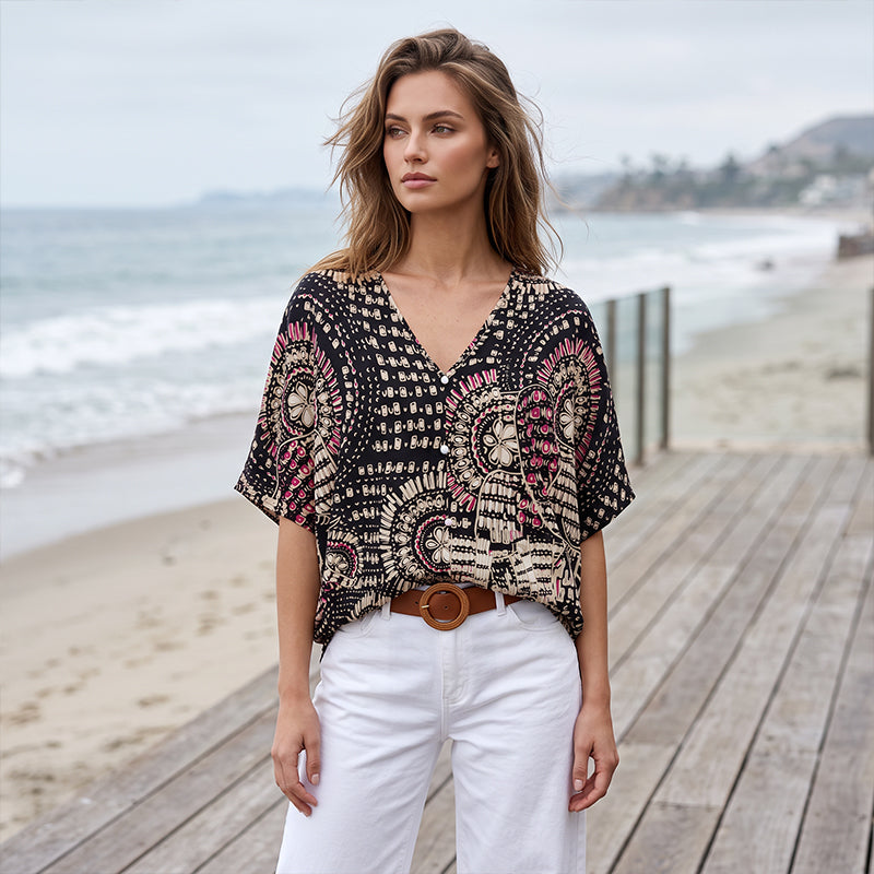 Trending Now⭐👚 Boho Print Batwing Sleeve Top – Flowing V-Neck & Effortless Bohemian Style