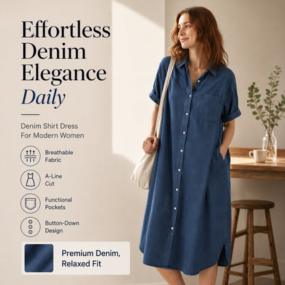 ✨🛍️Fresh Drop - Loose-Fit Denim Dress with Button Placket – Timeless Wardrobe Staple for Weekends or Travel 🍃