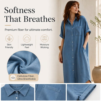 ✨🛍️Fresh Drop - Loose-Fit Denim Dress with Button Placket – Timeless Wardrobe Staple for Weekends or Travel 🍃