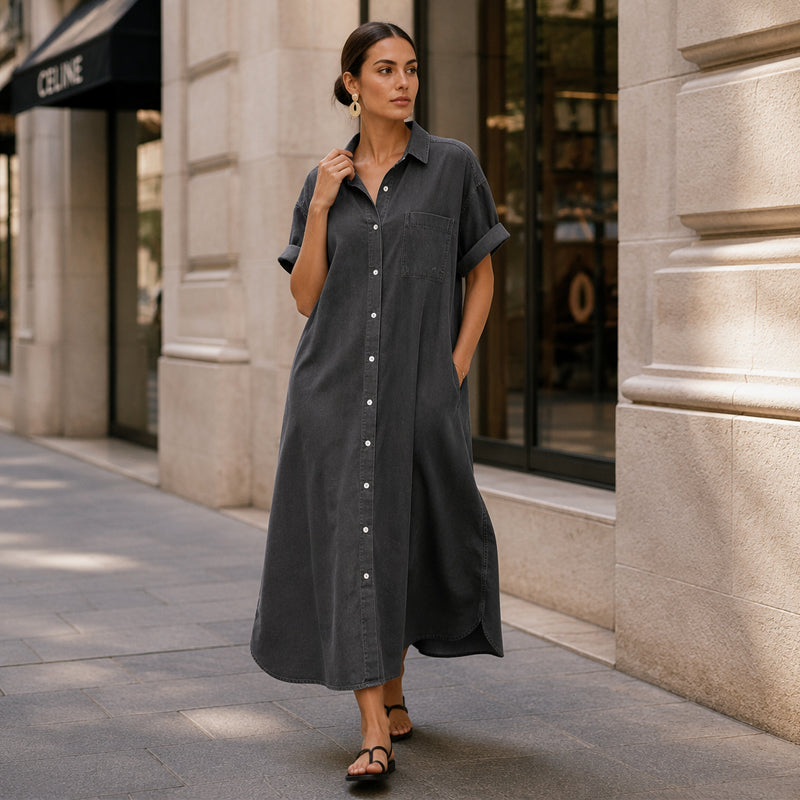 ✨🛍️Fresh Drop - Loose-Fit Denim Dress with Button Placket – Timeless Wardrobe Staple for Weekends or Travel 🍃