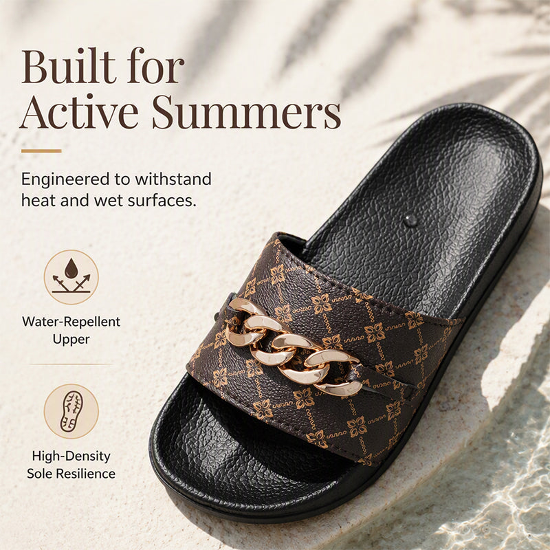 Unisex Monogram Summer Slides with Metallic Chain