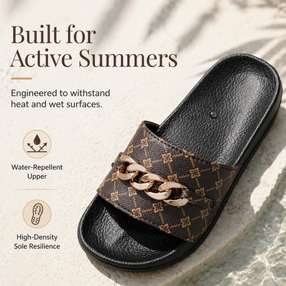 Unisex Monogram Summer Slides with Metallic Chain