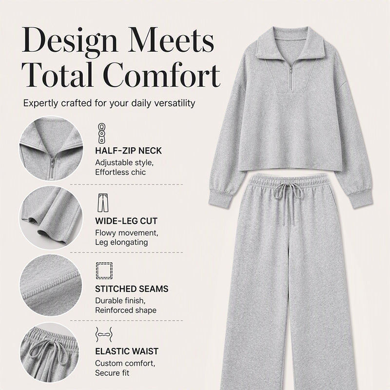 Women's Half-Zip Lapel Top and Wide-Leg Pants Set